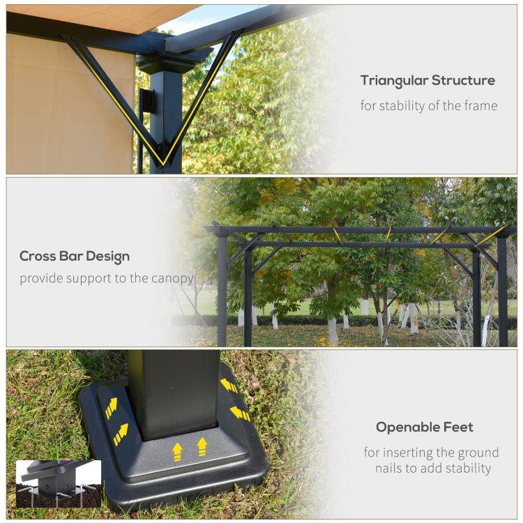 Retractable pergola canopy frame with triangular support and cross bar design