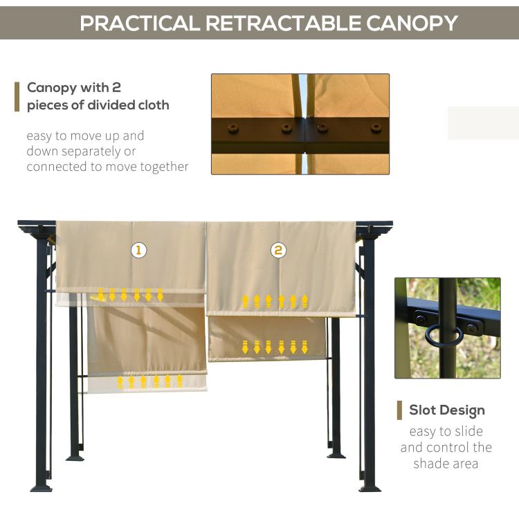 Retractable beige canopy with two-piece divided cloth and slide slot design
