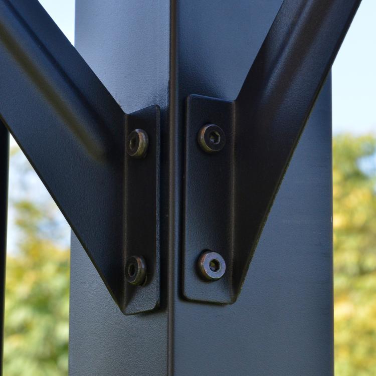 Dark steel canopy joint bracket with bolts connecting support arms