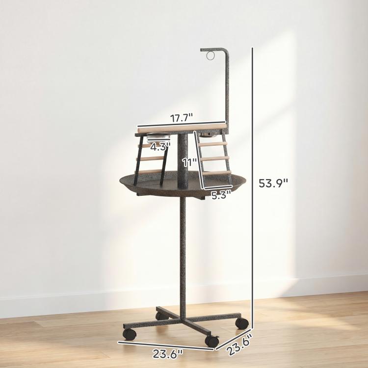 Wheeled bird play stand with round tray, wood perch, and climbing ladder structure