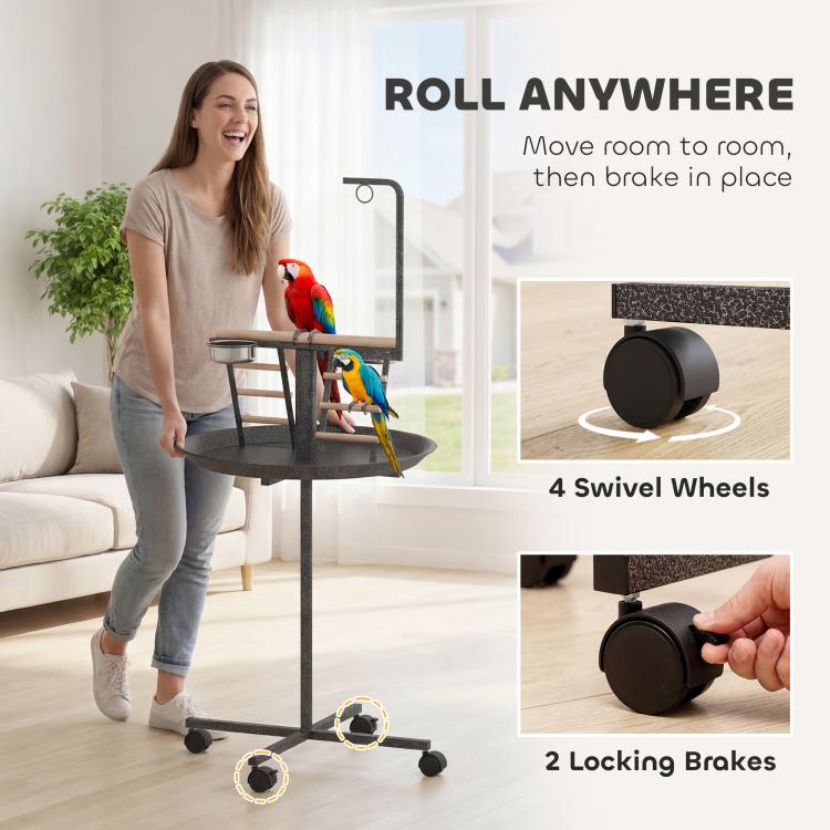 Bird play stand with swivel wheels and locking brakes, wood perch and tray