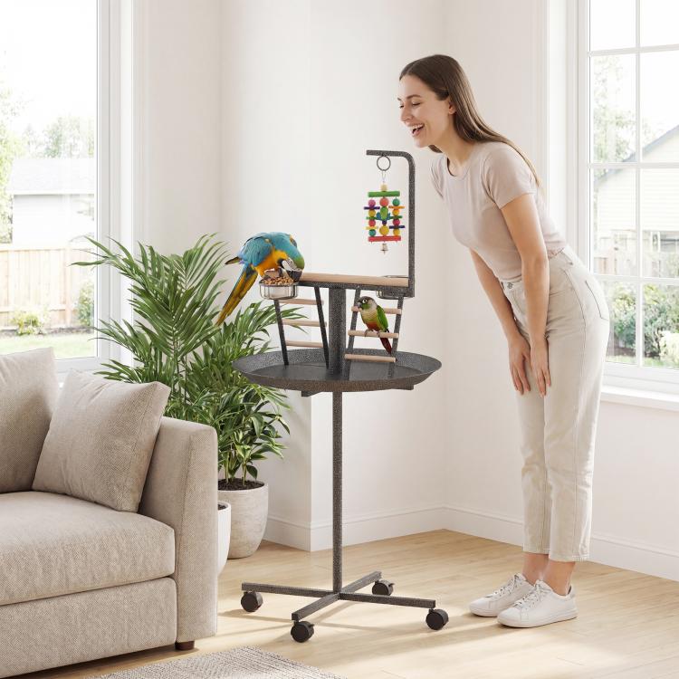 Bird play stand with round tray, wood perches, and wheeled base in dark gray