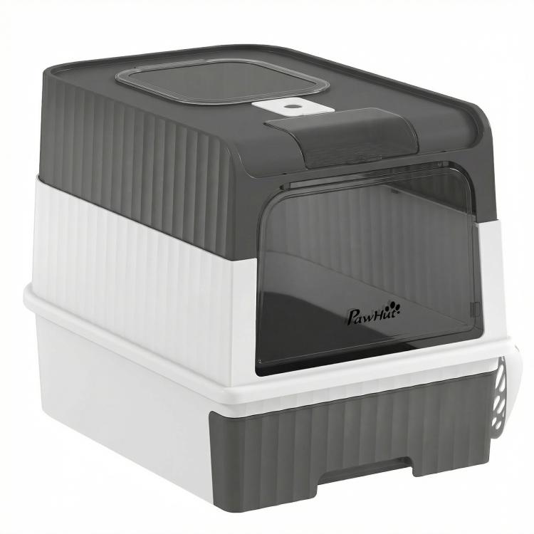 Hooded gray-and-white cat litter box with front entry and clear viewing panel