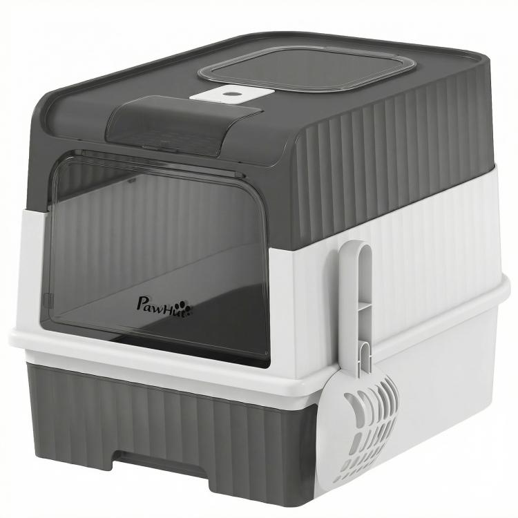 Gray hooded cat litter tray with drawer, front entry and top exit, PawHut logo