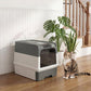 Gray and white hooded cat litter box with top exit and front entry window