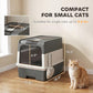 Compact gray-and-white hooded cat litter box with front door and pull-out drawer base