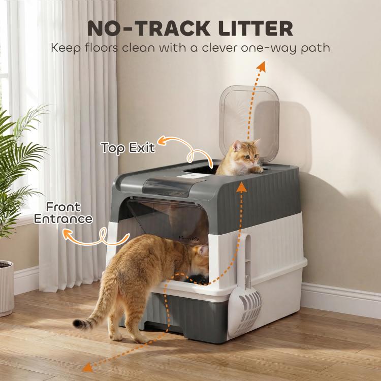 Gray and white hooded cat litter box showing front entrance and top exit