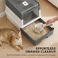 Hooded gray-and-white cat litter box with open pull-out drawer for easy cleaning
