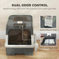 Hooded gray-and-white cat litter box with top slots for odor control inserts
