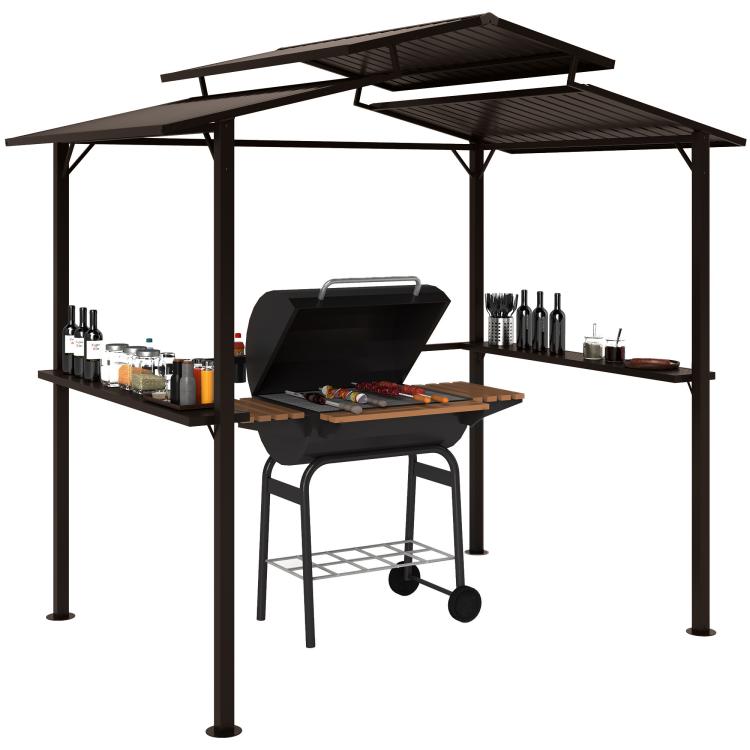 Hardtop grill gazebo with black metal roof, open sides, grill and side shelves.