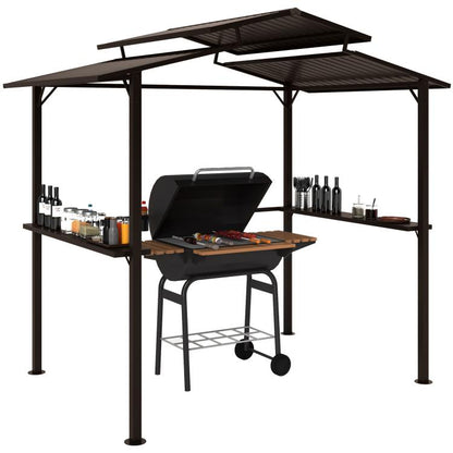 Hardtop grill gazebo with black metal roof, open sides, grill and side shelves.