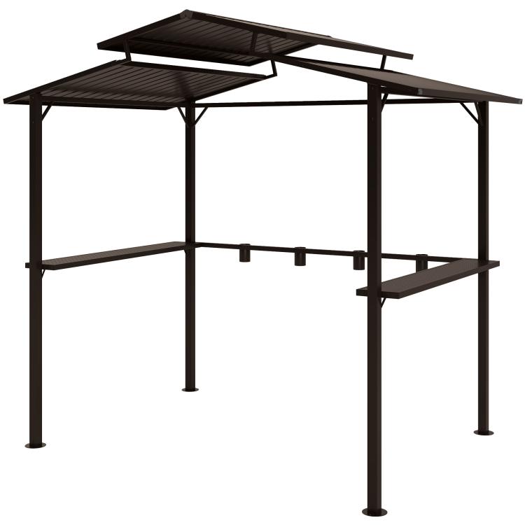Hardtop grill gazebo frame with dark double roof panels and built-in side shelf ledge.