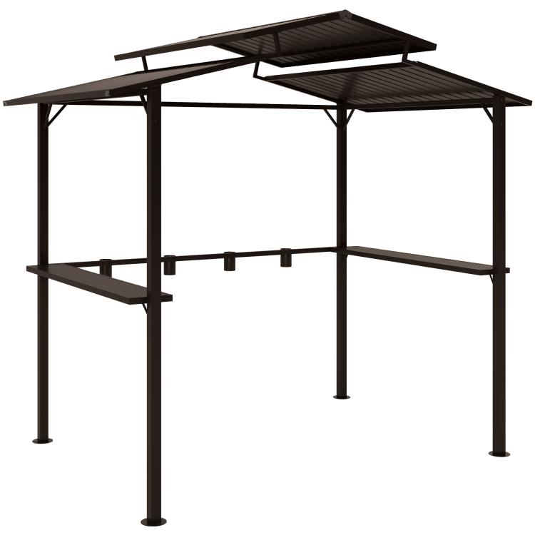 Dark metal grill gazebo with double hardtop roof, open sides and support posts