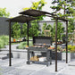 Hardtop grill gazebo over an outdoor grill with side shelves on a patio.