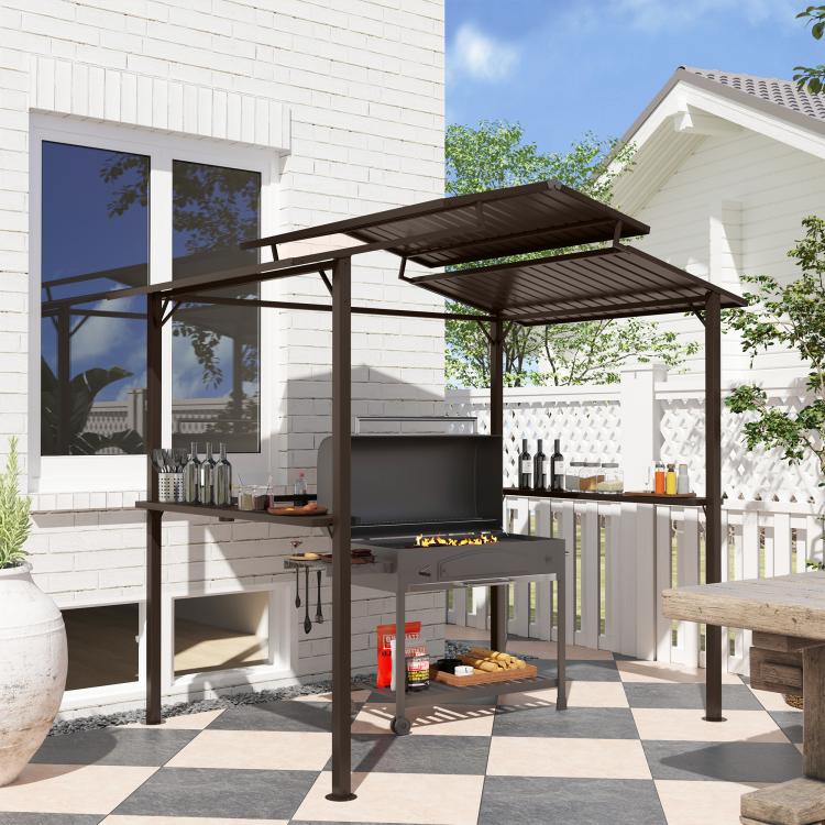 Hardtop grill gazebo with open metal roof and side shelves beside a patio grill.