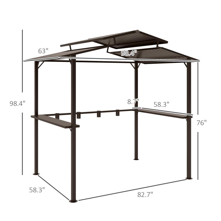 Hardtop grill gazebo with double metal roof and side shelf, shown with size diagram.