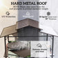 Hard metal roof of a grill gazebo with vent-style panels over the cooking area.