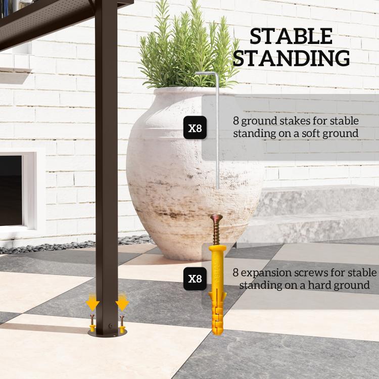 Grill gazebo base with ground stakes and expansion screws for stable setup.
