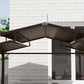 Double-roof hardtop grill gazebo with dark metal roof panels and support posts.