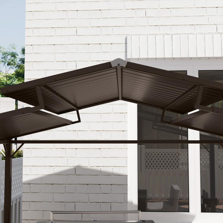 Double-roof hardtop grill gazebo with dark metal roof panels and support posts.
