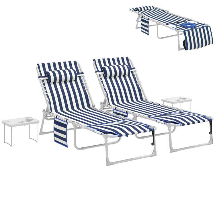 Blue-and-white striped folding lounge chair set with side tables and face-hole cover
