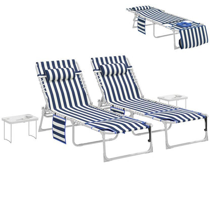 Blue-and-white striped folding lounge chair set with side tables and face-hole cover