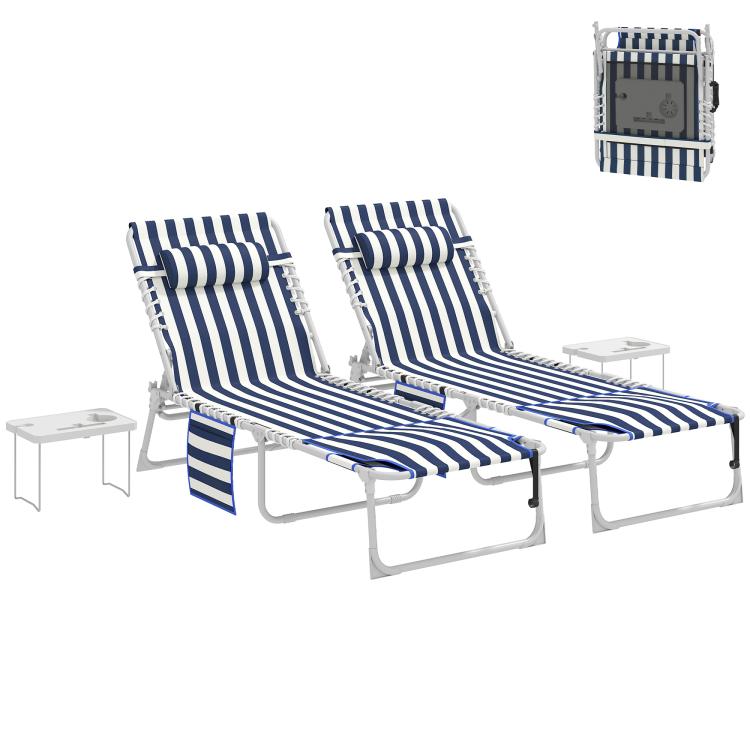 Set of 2 blue-and-white striped folding chaise loungers with side tables and face cover