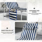 Blue-and-white striped folding chaise lounge chair with side pocket and arm side table