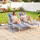 Two outdoor lounge chairs with blue-and-white striped fabric and foldable metal frames