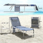 Blue-and-white striped folding lounge chair with adjustable backrest and side table