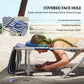 Lounge chair with covered face hole, blue-and-white striped cushion, and side arm slots