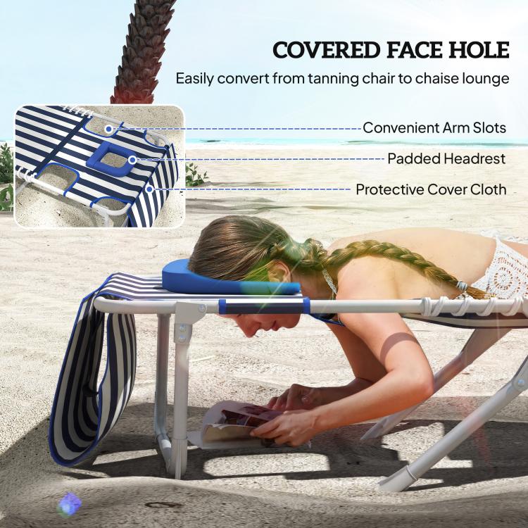 Lounge chair with covered face hole, blue-and-white striped cushion, and side arm slots