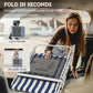 Folded blue-and-white striped lounge chair with carry handle and shoulder strap