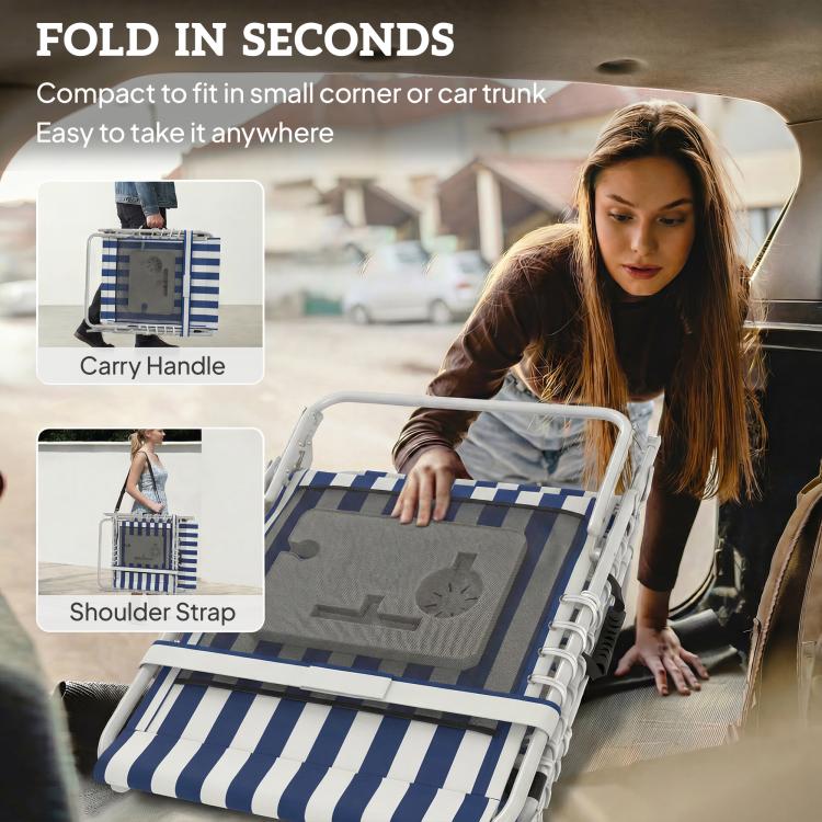 Folded blue-and-white striped lounge chair with carry handle and shoulder strap