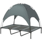 Elevated dog cot with arched canopy over gray mesh bed and metal frame