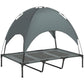 Elevated dog cot with dark gray UV canopy shade and mesh platform