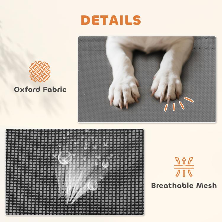 Breathable mesh dog cot surface with fabric texture detail