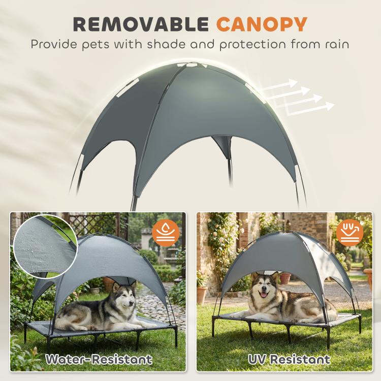 Removable canopy top on an elevated dog cot for shade and protection