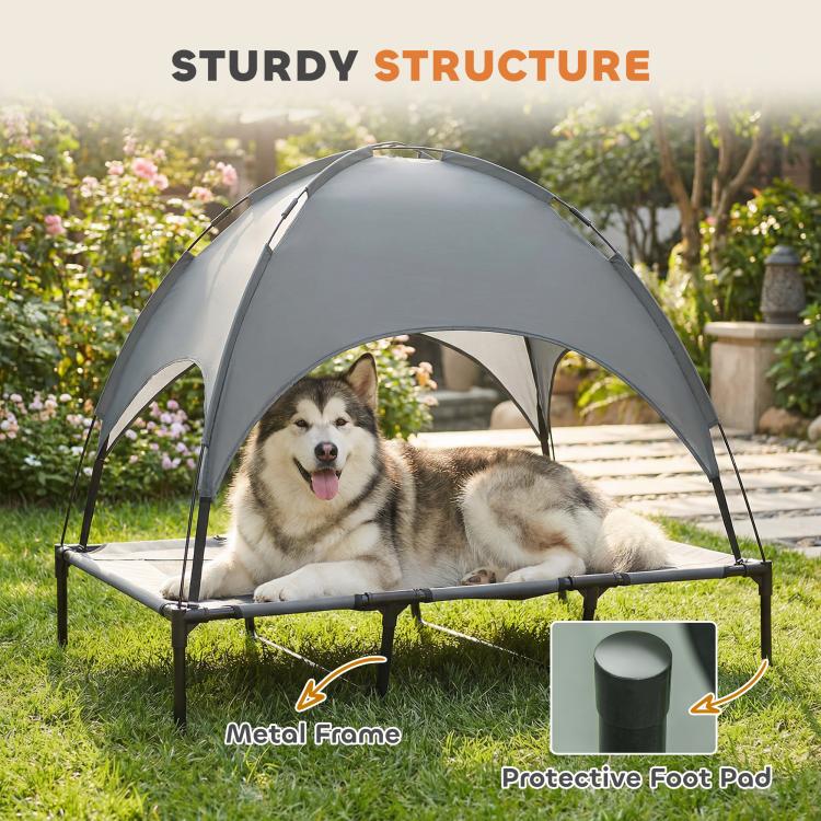 Sturdy elevated dog cot with metal frame and protective corner foot pads
