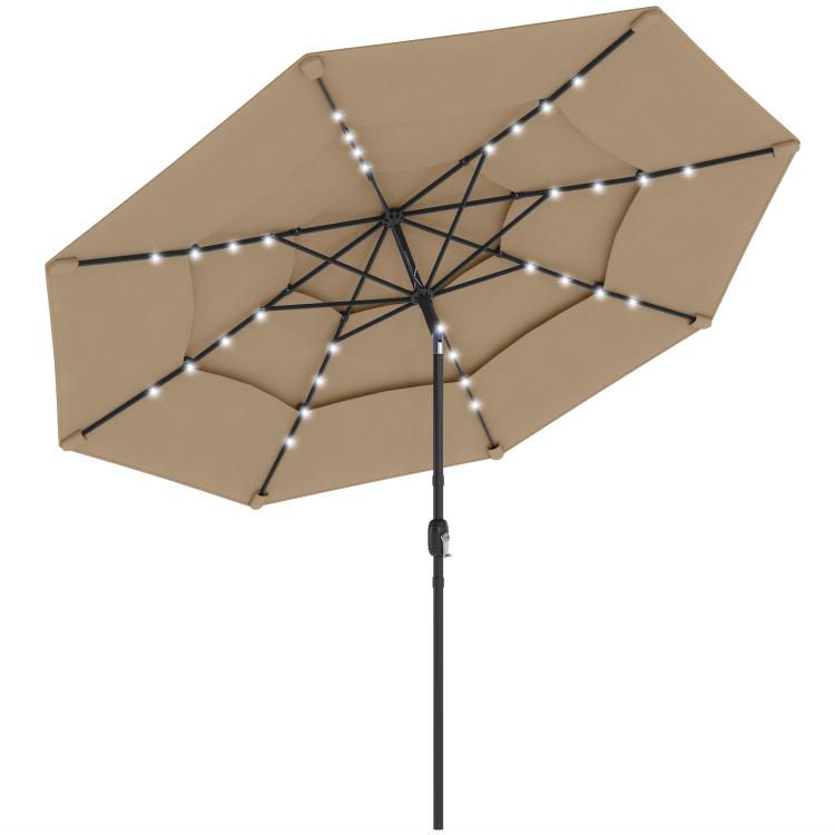 Khaki three-tier patio umbrella canopy with star-shaped frame and solar LED lights