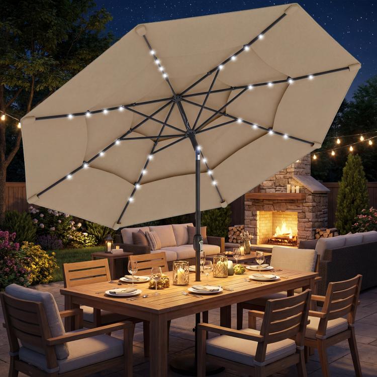 Khaki 3-tier outdoor patio umbrella with solar LED lights and central pole