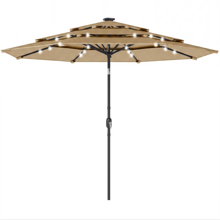 Khaki outdoor patio umbrella with solar LED lights, 3-tier canopy and pole