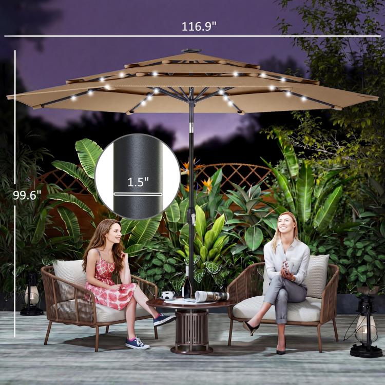 Khaki outdoor umbrella with solar LED lights across the three-tier canopy