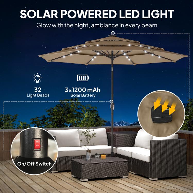 Khaki patio umbrella with solar-powered LED lights and center pole control area