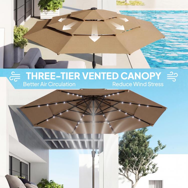 Khaki three-tier vented umbrella canopy with solar LED light strings