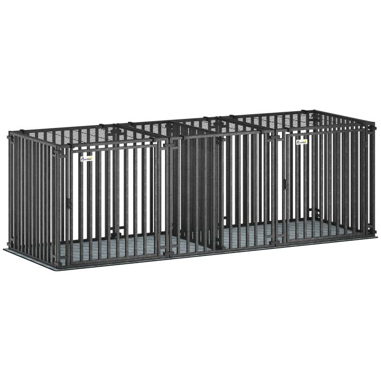 83-inch heavy-duty dog crate with double doors and removable divider panel, dark steel bars