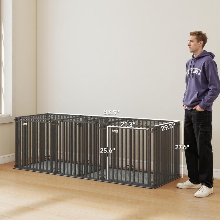 Heavy-duty dog crate with modular divider, dark steel frame with size measurements on image