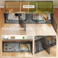 Modular pet playpen crate with detachable divider, dual zones and cushioned gray mat base