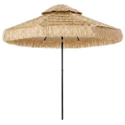 Thatched patio umbrella with khaki straw fringe and black center pole, round canopy top