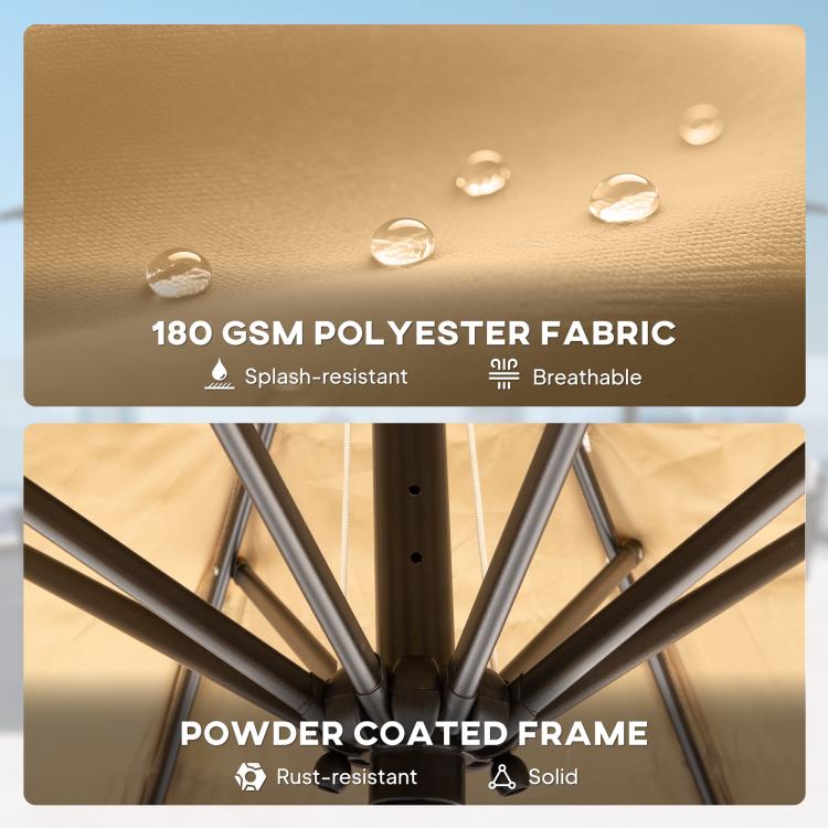 Umbrella fabric panel and powder-coated frame structure in beige and black